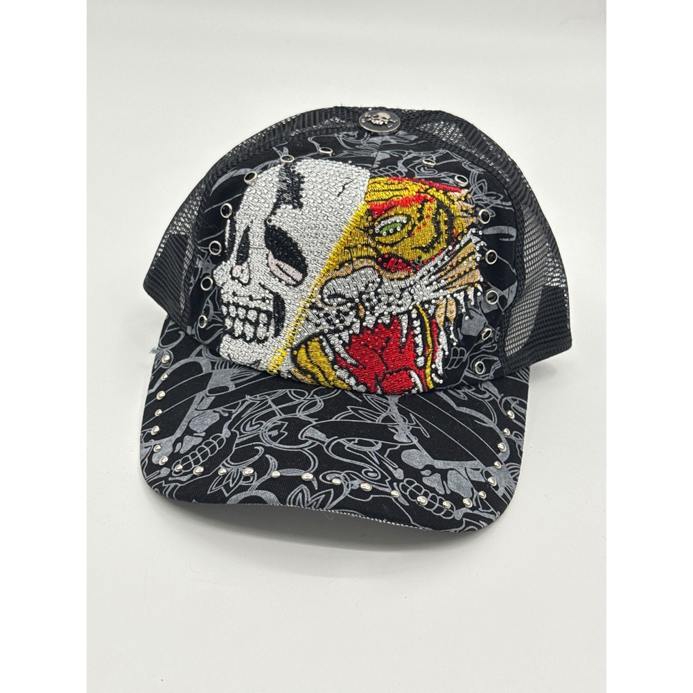 Skull Tiger Embroidered Trucker Hat Black Studded Mesh Snapback Cap Y2K Style